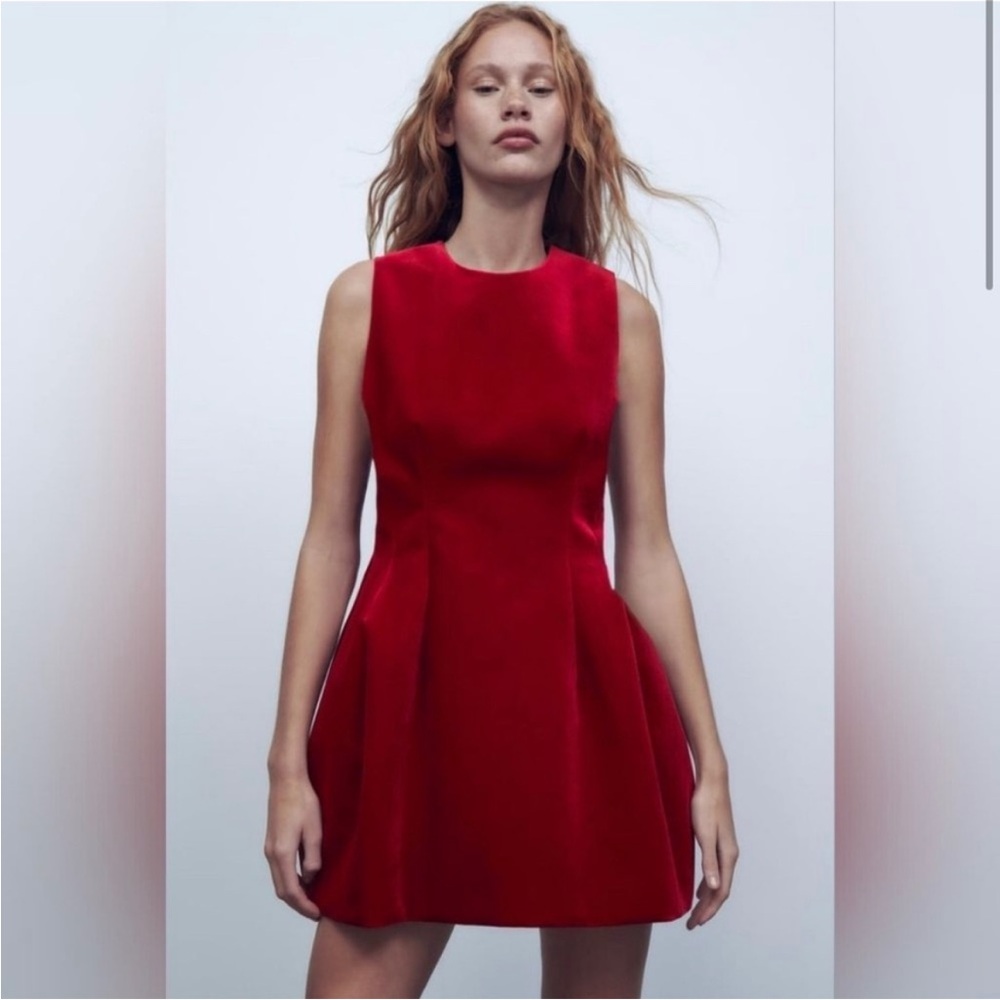 Zara Voluminous Velvet Dress, Vibrant Red Mini Dress